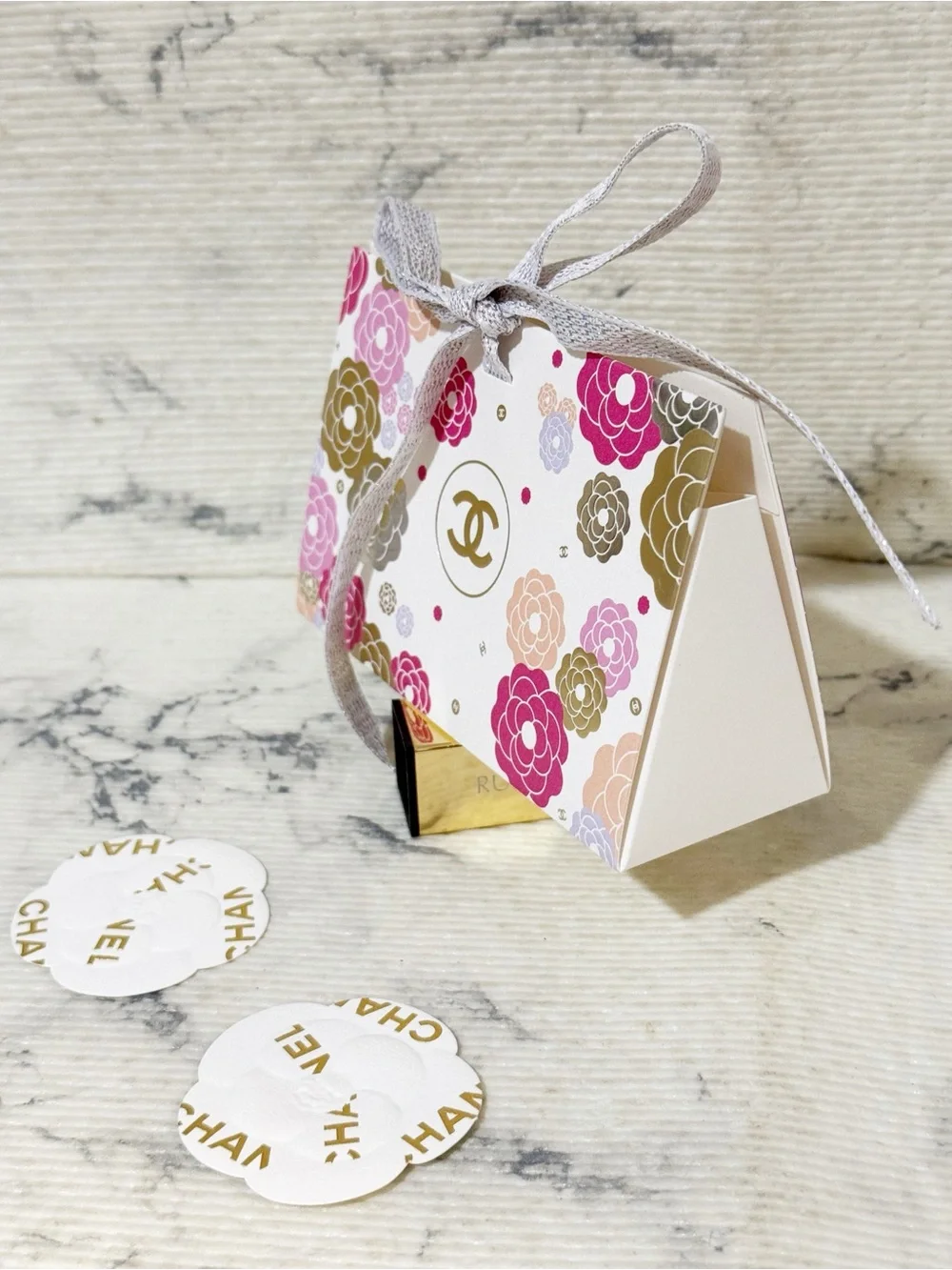 Chanel Beauty Pink Gold Camellia Floral Gift Bag with 2 Chanel Camellia Stickers